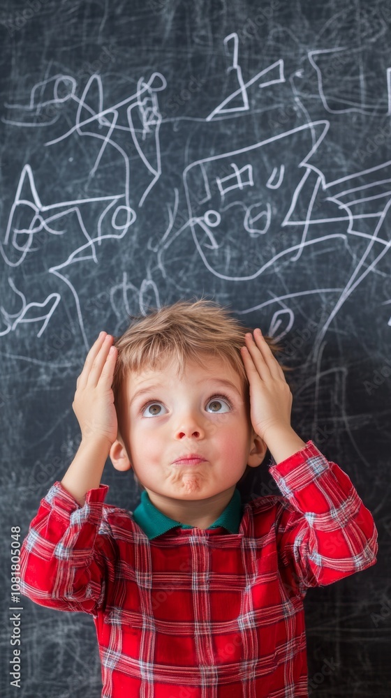 Young boy in a red plaid shirt looking confused in front of a chalkboard with messy drawings in a classroom setting Young boy in a red plaid shirt looking confused in front of a chalkboard with messy drawings in a classroom setting