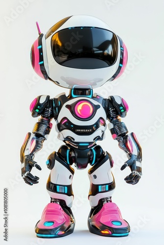 Futuristic pink and white robot stands.