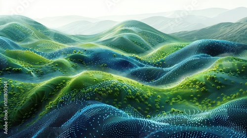 Abstract digital landscape with green hills and blue lines.