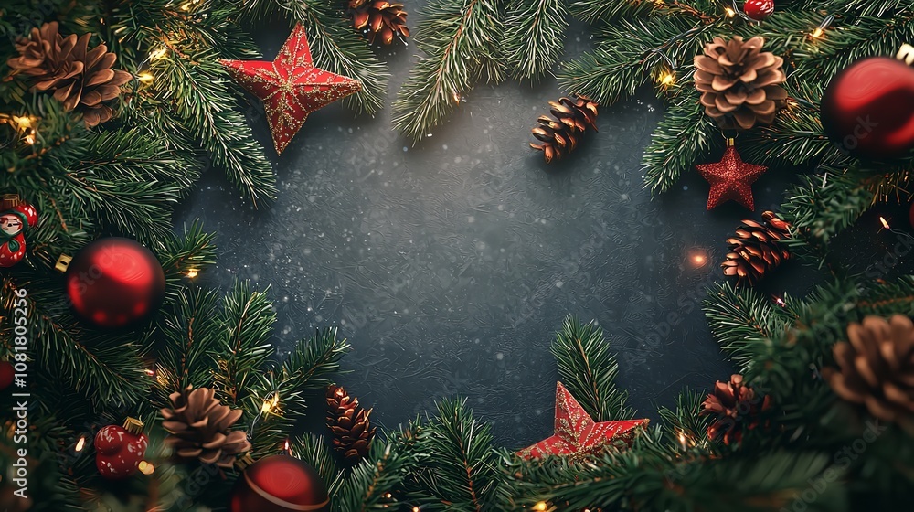 Christmas Flat Lay Background with Fir Tree and Holiday Decorations Christmas Flat Lay Background with Fir Tree and Holiday Decorations