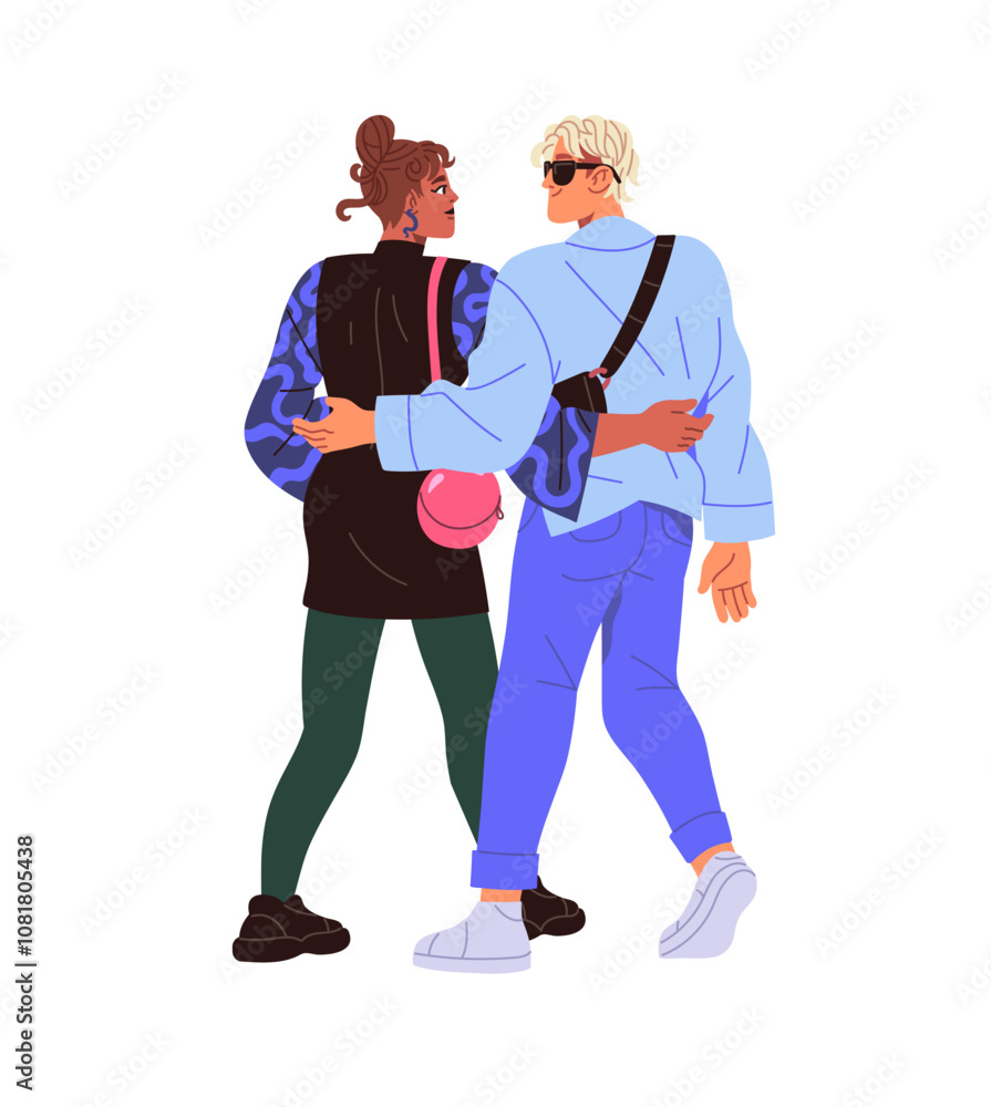 Stylish romantic couple walks together back view. Happy girlfriend and boyfriend in fashion outfits cuddle on the go. People in trendy clothes stroll. Flat isolated vector illustration on white Stylish romantic couple walks together back view. Happy girlfriend and boyfriend in fashion outfits cuddle on the go. People in trendy clothes stroll. Flat isolated vector illustration on white