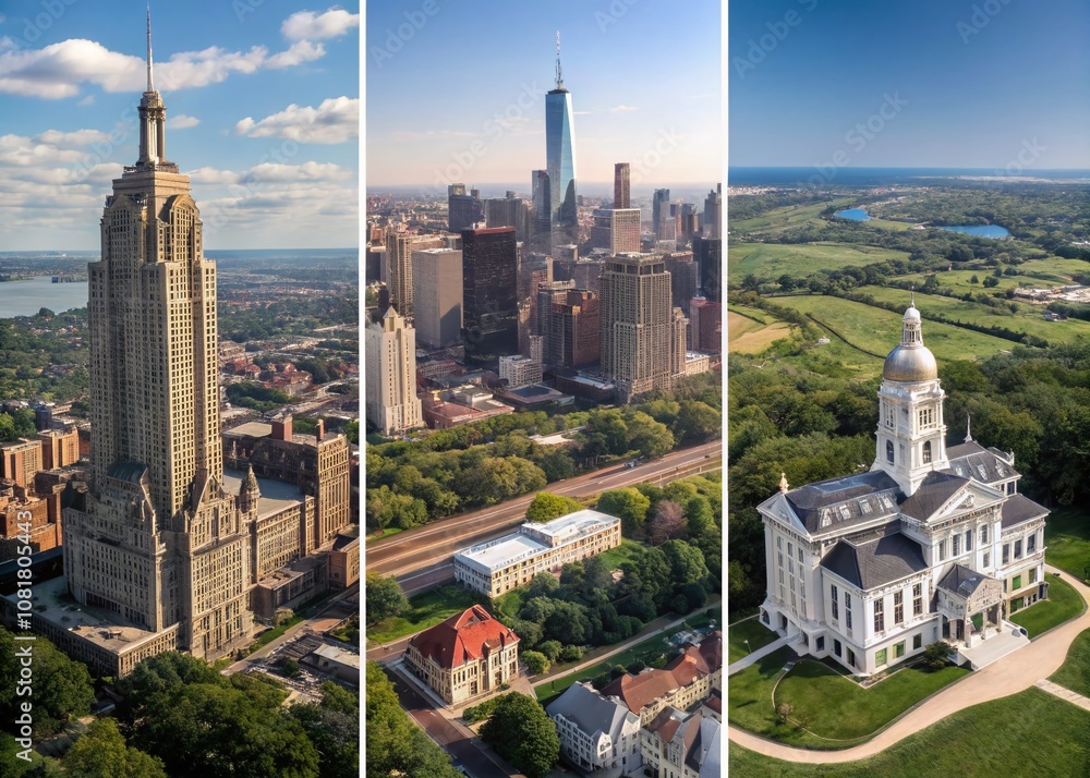 Naklejka premium Architectural Wonders Across the Regions of the U.S.: A Visual Journey Through Diverse Styles and Iconic Landmarks in Urban Landscapes