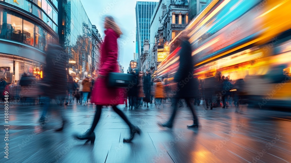 Vibrant city street scene with pedestrians in motion blur, capturing bustling urban life and the fast-paced rhythm of city living. Vibrant city street scene with pedestrians in motion blur, capturing bustling urban life and the fast-paced rhythm of city living.