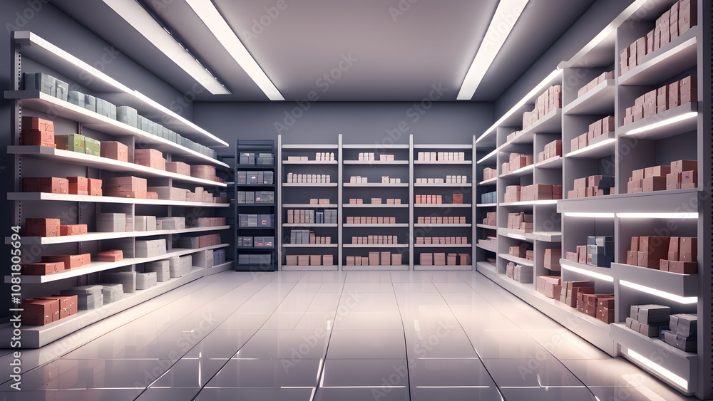Empty supermarket aisle with shelves stocked with generic products. Empty supermarket aisle with shelves stocked with generic products.