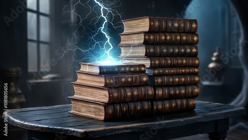 Stack of Vintage Books on Wooden Table – Glowing Magic Book with Enchanting Lightning in a Dark Room photo