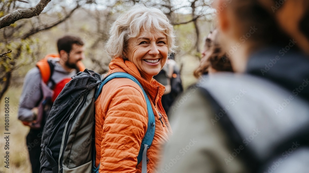 Smiling older woman in orange jacket hiking with friends in a forest, showcasing joy and active lifestyle. Smiling older woman in orange jacket hiking with friends in a forest, showcasing joy and active lifestyle.