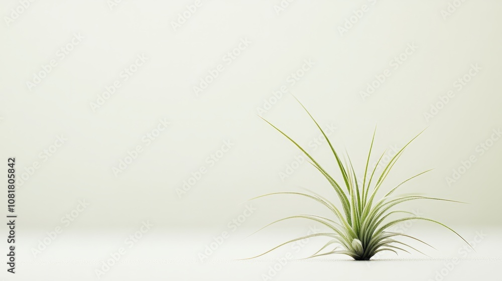 A small air plant with wispy green leaves, resting on a minimalist white background A small air plant with wispy green leaves, resting on a minimalist white background