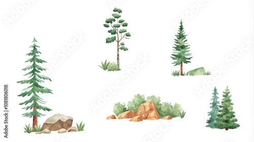 Watercolor hand drawn set of pine trees and rocks isolated on white background