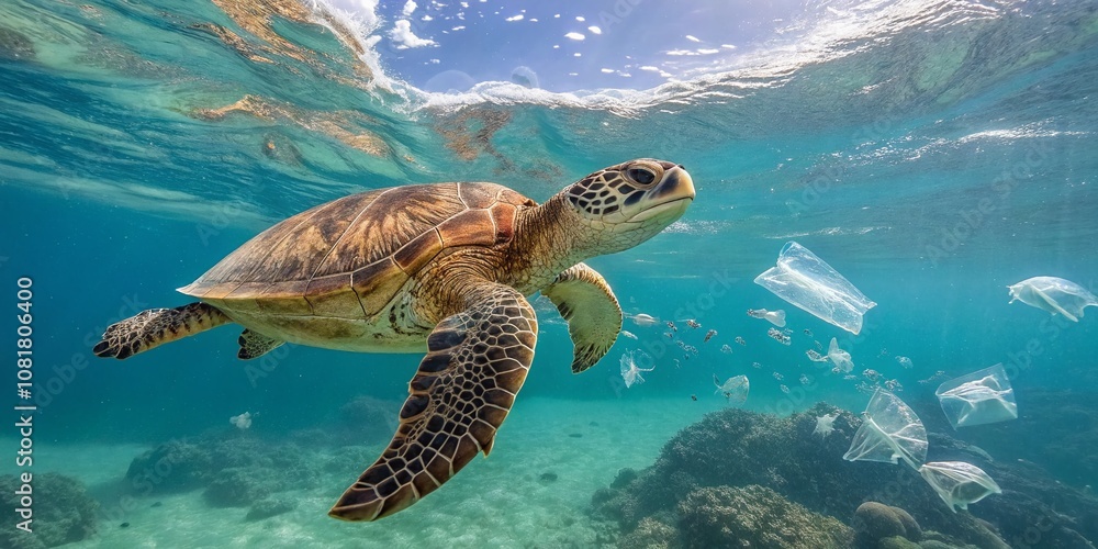 Obraz premium A Sea Turtle Swimming Through Crystal Clear Ocean Waters Surrounded by Microplastics, Highlighting the Impact of Pollution on Marine Life in a Stunning Panoramic View
