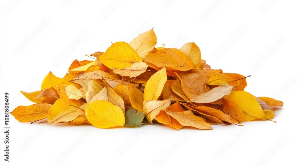 A small pile of yellow and orange autumn leaves, loosely scattered and mixed with a few green leaves, isolated on white background A small pile of yellow and orange autumn leaves, loosely scattered and mixed with a few green leaves, isolated on white background
