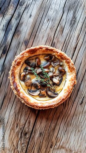 Mushroom Tart with Thyme Garnish on Rustic Wooden Table.