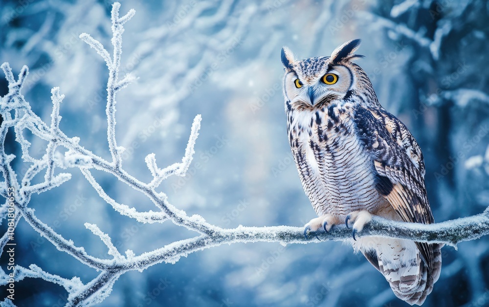 Winter Owl Perched on a Snowy Branch: A majestic owl with delicate snowflakes on its feathers, perched on a frosted branch with a serene, misty winter forest in the background Winter Owl Perched on a Snowy Branch: A majestic owl with delicate snowflakes on its feathers, perched on a frosted branch with a serene, misty winter forest in the background