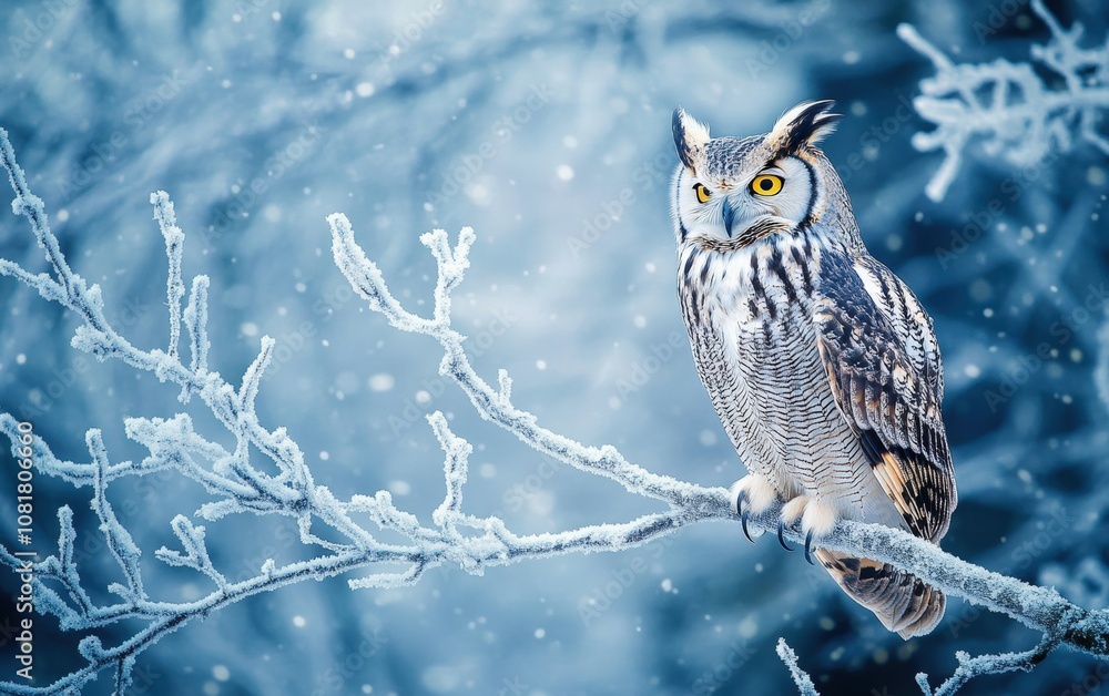 Winter Owl Perched on a Snowy Branch: A majestic owl with delicate snowflakes on its feathers, perched on a frosted branch with a serene, misty winter forest in the background Winter Owl Perched on a Snowy Branch: A majestic owl with delicate snowflakes on its feathers, perched on a frosted branch with a serene, misty winter forest in the background