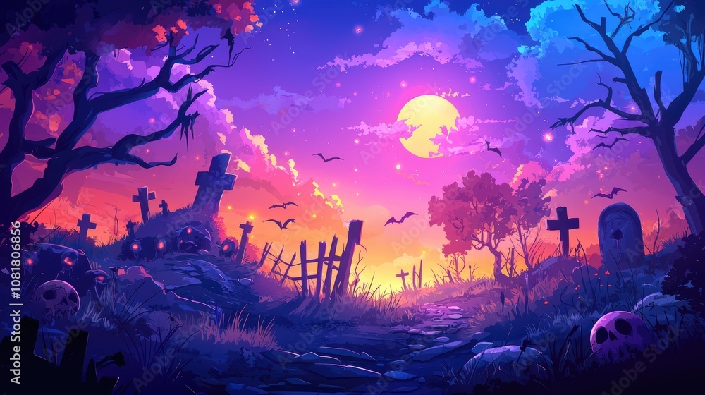A Creepy and Colorful Halloween Graveyard Scene A Creepy and Colorful Halloween Graveyard Scene