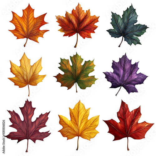 Colorful autumn leaves arranged in a grid showcasing various shapes and hues in a decorative presentation