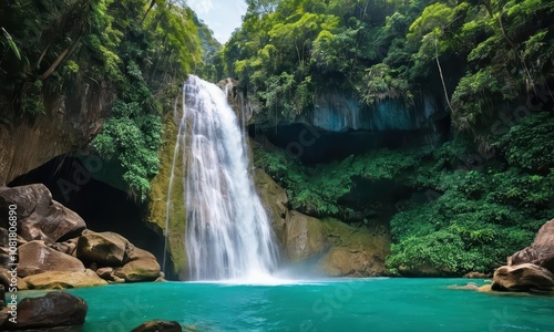 Serene Waterfall Cascading into blue Pool Amidst Lush Jungle