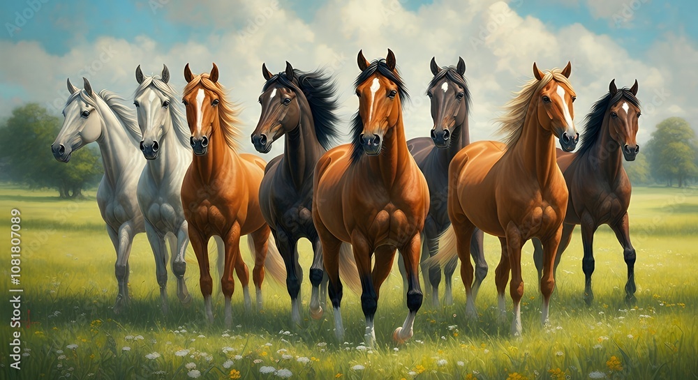Running Horses acrylic painting illustration design image, Download Indian paintings. their manes and tails flowing in the wind, set against a blue and green backdrop illustration. Running Horses acrylic painting illustration design image, Download Indian paintings. their manes and tails flowing in the wind, set against a blue and green backdrop illustration.