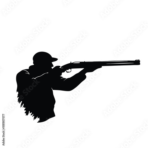 A man is holding a shotgun. He is wearing a hat. The hat is black. The jacket is black