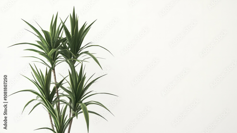 Obraz premium A tall dracaena plant with its thin green leaves, placed on a minimalist white background