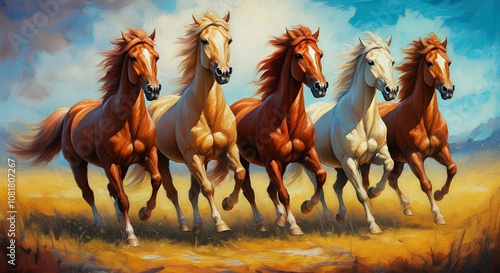 Running Horses acrylic painting illustration design image, Download Indian paintings. their manes and tails flowing in the wind, set against a blue and brown backdrop illustration.