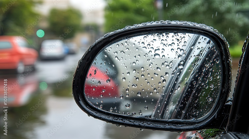 Raindrops on car side view mirror and window. Bad weather driving and journey concept Raindrops on car side view mirror and window. Bad weather driving and journey concept