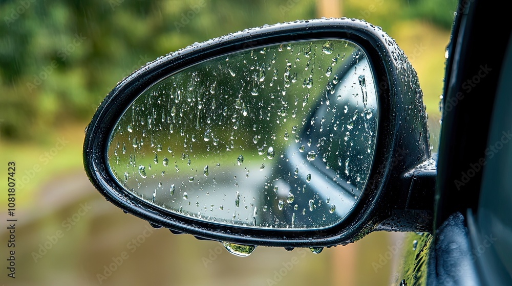 Raindrops on car side view mirror and window. Bad weather driving and journey concept Raindrops on car side view mirror and window. Bad weather driving and journey concept