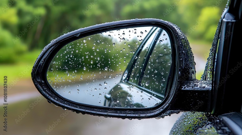Raindrops on car side view mirror and window. Bad weather driving and journey concept Raindrops on car side view mirror and window. Bad weather driving and journey concept