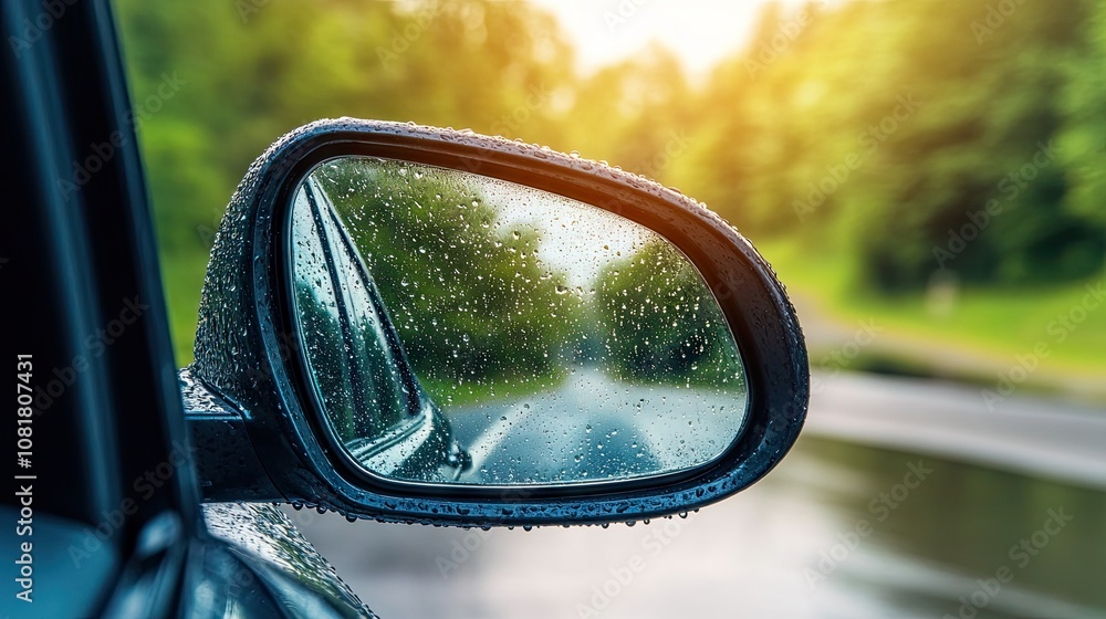 Raindrops on car side view mirror and window. Bad weather driving and journey concept Raindrops on car side view mirror and window. Bad weather driving and journey concept