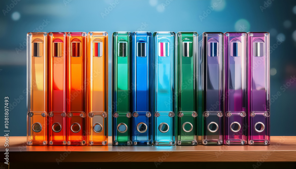 Fototapeta premium Organizing documents with colorful binders office workspace product photography modern environment close-up view efficient storage solutions