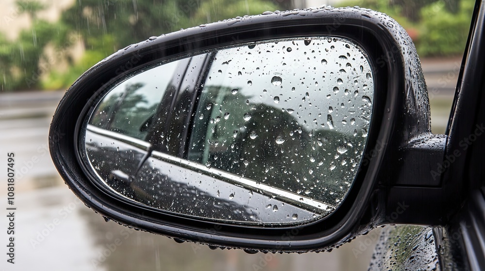 Raindrops on car side view mirror and window. Bad weather driving and journey concept Raindrops on car side view mirror and window. Bad weather driving and journey concept
