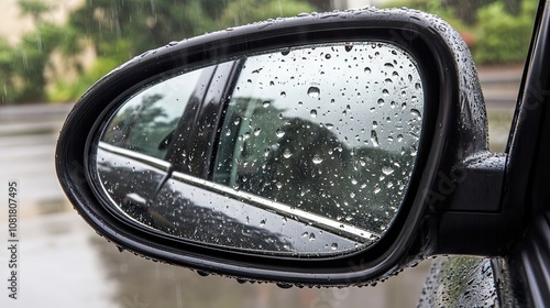 Raindrops on car side view mirror and window. Bad weather driving and journey concept 