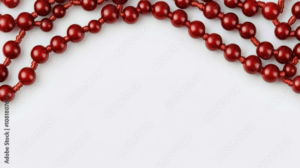 A collection of red beads arranged on a white background, suggesting decorative use. A collection of red beads arranged on a white background, suggesting decorative use.