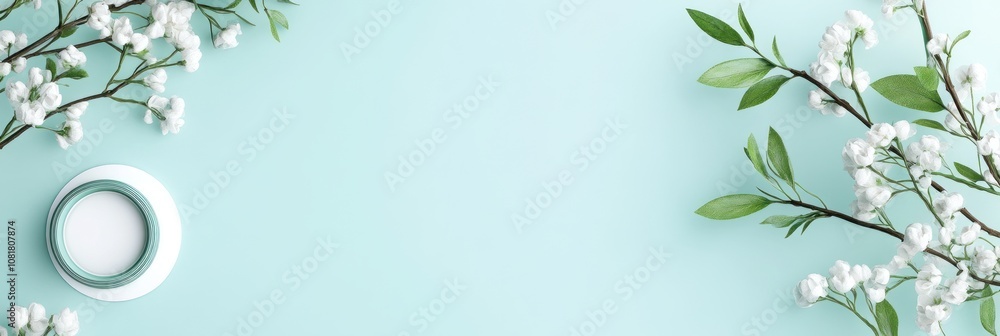 Naklejka premium A serene arrangement featuring a small dish and blooming branches on a soft blue background.