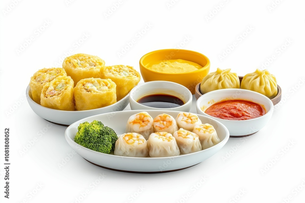 Chinese dumplings, spring rolls, and sauces. Chinese dumplings, spring rolls, and sauces.