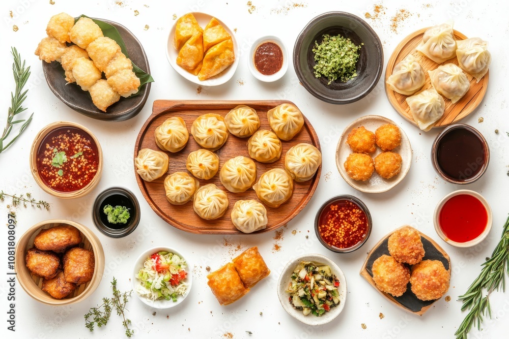 Assortment of Chinese dim sum and dipping sauces. Assortment of Chinese dim sum and dipping sauces.