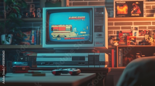 A retro gaming setup with a vintage TV, console, and game cartridges.