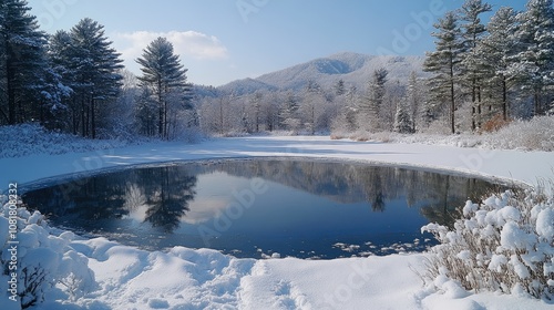 A frozen pond surrounded by snow-covered trees and mountains in the distance.