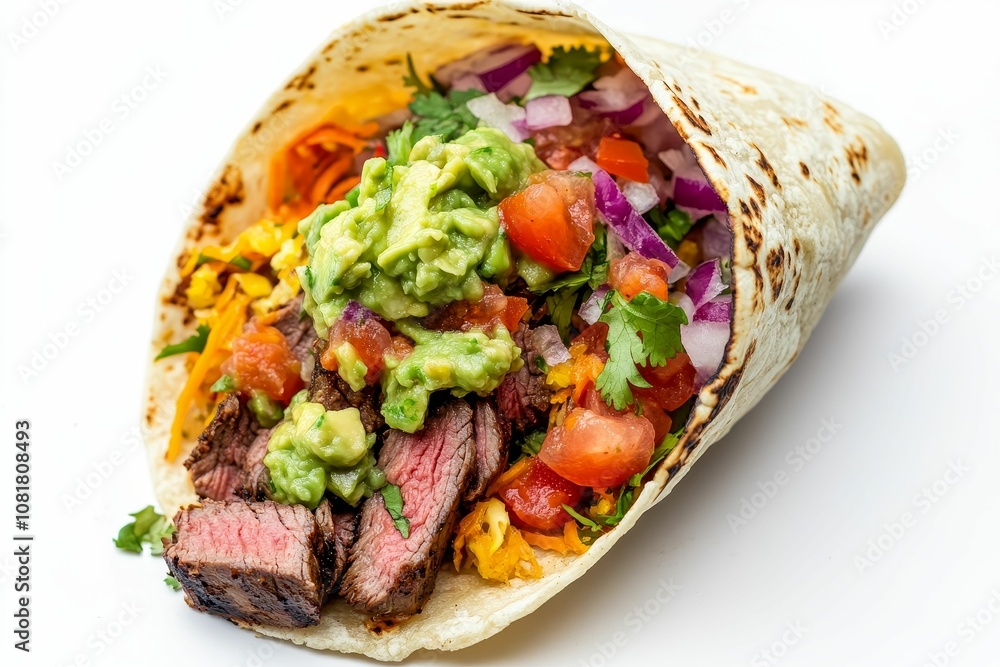 Steak, guacamole, and salsa in a tortilla. Steak, guacamole, and salsa in a tortilla.