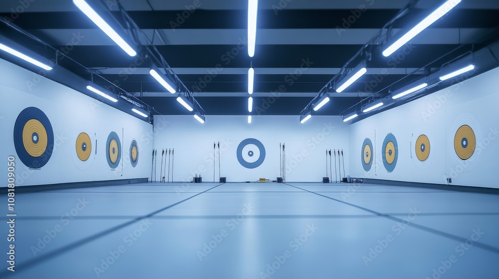 Obraz premium A quiet indoor archery range with targets set up and equipment neatly arranged, bright overhead lighting illuminating the space, Minimalist style