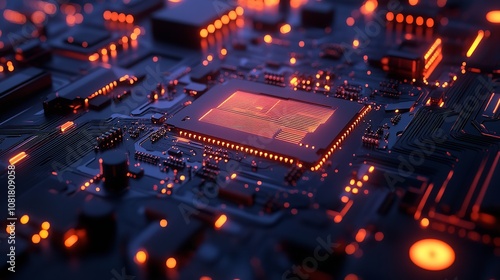 Close-up of a glowing circuit board with intricate circuitry and an illuminated central processor. Close-up of a glowing circuit board with intricate circuitry and an illuminated central processor.