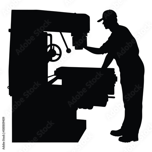 A man is working on a machine. The machine is black and has a large wheel. The man is wearing a hat