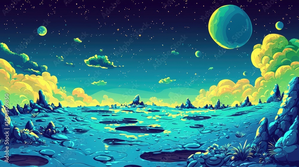 A Futuristic Landscape With Rocks, Clouds, and Stars A Futuristic Landscape With Rocks, Clouds, and Stars