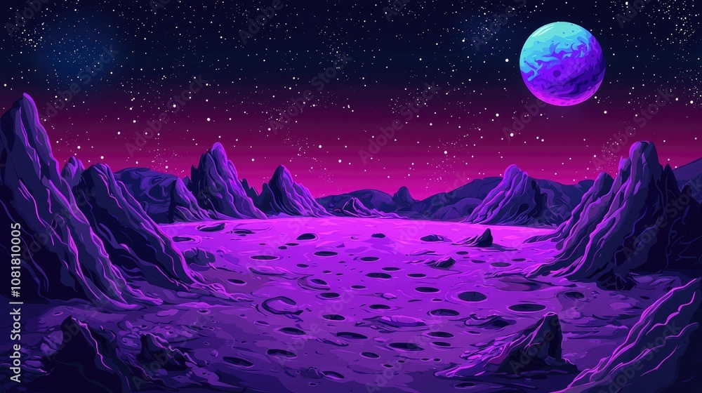 Fototapeta premium A Purple Alien Landscape with a Blue Planet in the Night Sky