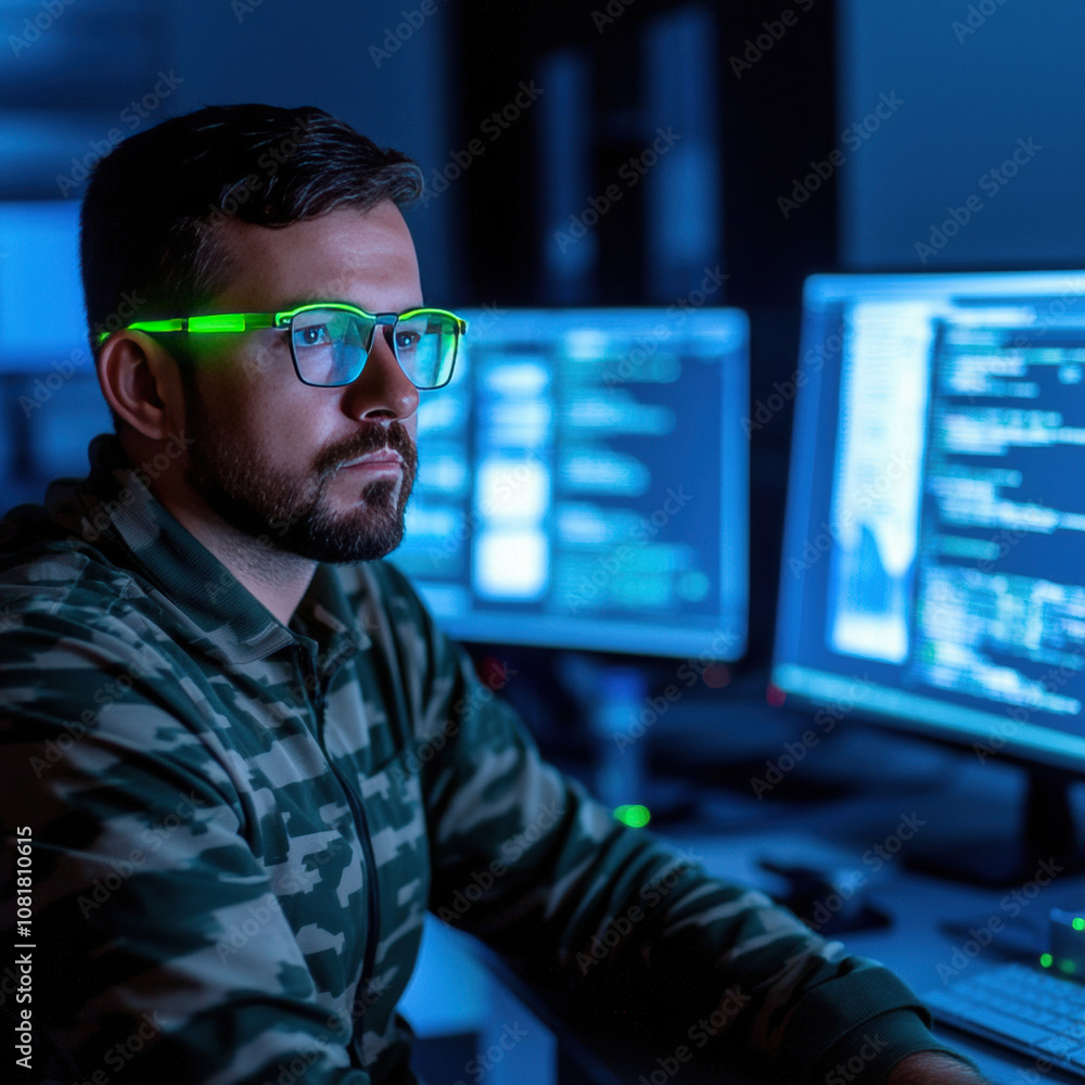 Cyber forensics expert analyzing malware behavior in dark lab. focus is on screens displaying complex data and code, highlighting intensity of investigation Cyber forensics expert analyzing malware behavior in dark lab. focus is on screens displaying complex data and code, highlighting intensity of investigation