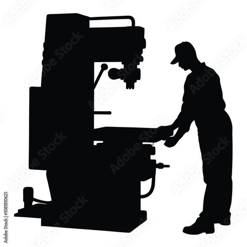 A man is working on a machine. The machine is black and has a large wheel. The man is wearing a hat