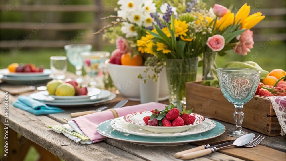Beautiful Spring Table Setting with Cutlery on Rustic Wood, Featuring Floral Accents, Fresh Produce, and Elegant Dinnerware for a Cozy Outdoor Dining Experience Beautiful Spring Table Setting with Cutlery on Rustic Wood, Featuring Floral Accents, Fresh Produce, and Elegant Dinnerware for a Cozy Outdoor Dining Experience