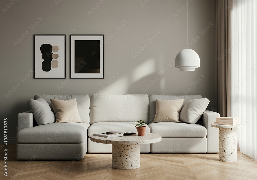Fototapeta premium A Scandinavian-inspired living room with a sofa set and blank vertical frames with frames are placed on the wall 3d illustration image.