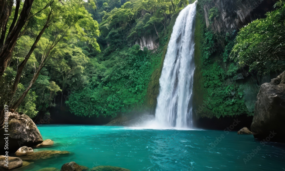 Serene Waterfall Cascading into blue Pool Amidst Lush Jungle Serene Waterfall Cascading into blue Pool Amidst Lush Jungle
