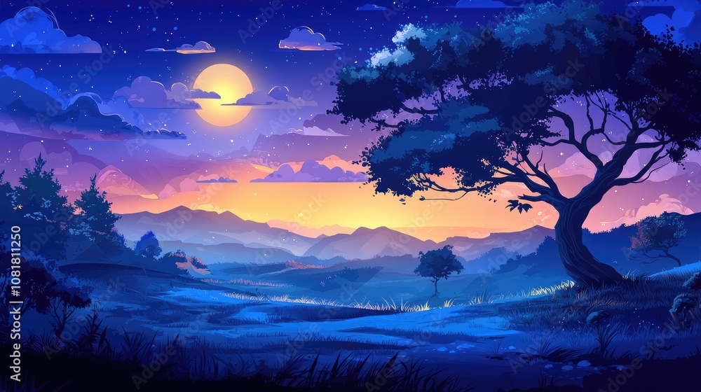 A Silhouetted Tree Under a Night Sky with a Full Moon and Distant Mountains A Silhouetted Tree Under a Night Sky with a Full Moon and Distant Mountains