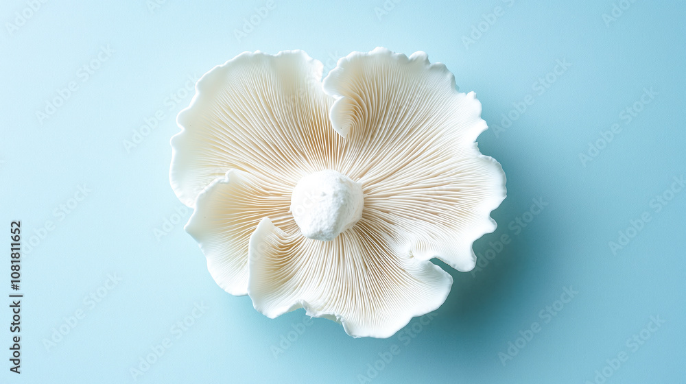 White Spores from Oyster Mushroom on Light Blue Background.. White Spores from Oyster Mushroom on Light Blue Background..